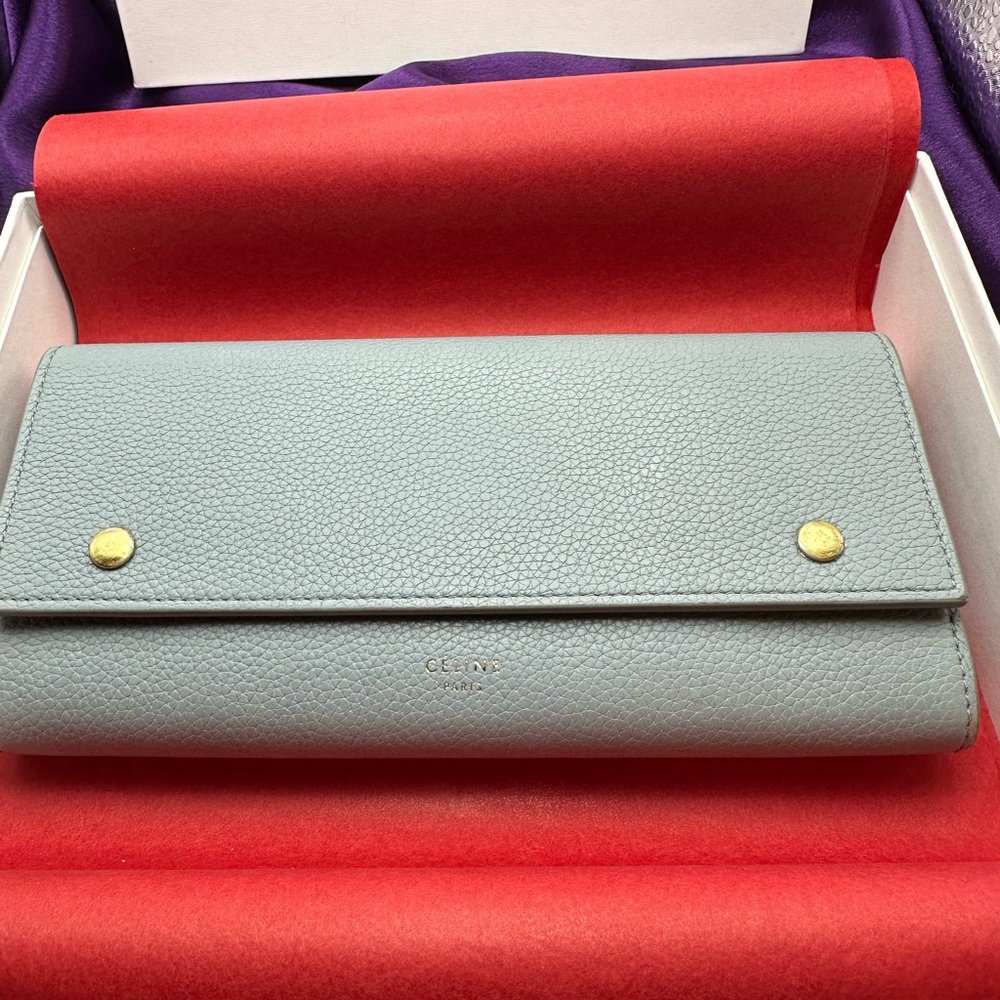 Celine Pebbled Leather Continental Wallet in Light Blue-Gray with Gold Hardware